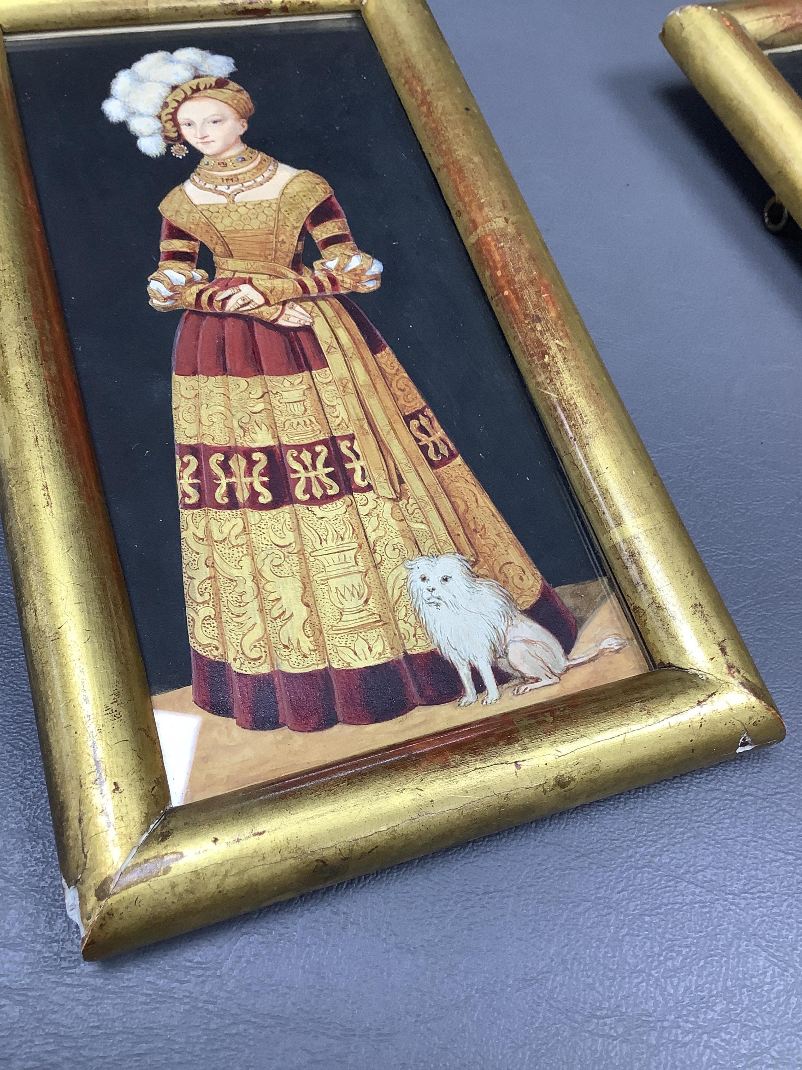 After Lucas Cranach the Elder (German, 1472-1553), portraits of Henry IV, The Pious Duke of Saxony and Duchess Katharina Von Mecklenburg, pair of 19th century gouaches, unsigned, 19 x 9cm, gilt framed